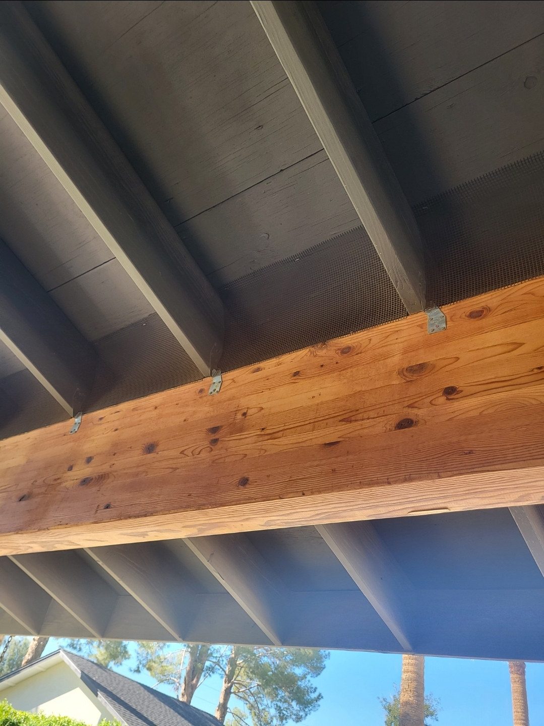 Bird exclusion mesh installed under covered patio beam blocking bird access in Phoenix AZ by Arcadia Pest Management