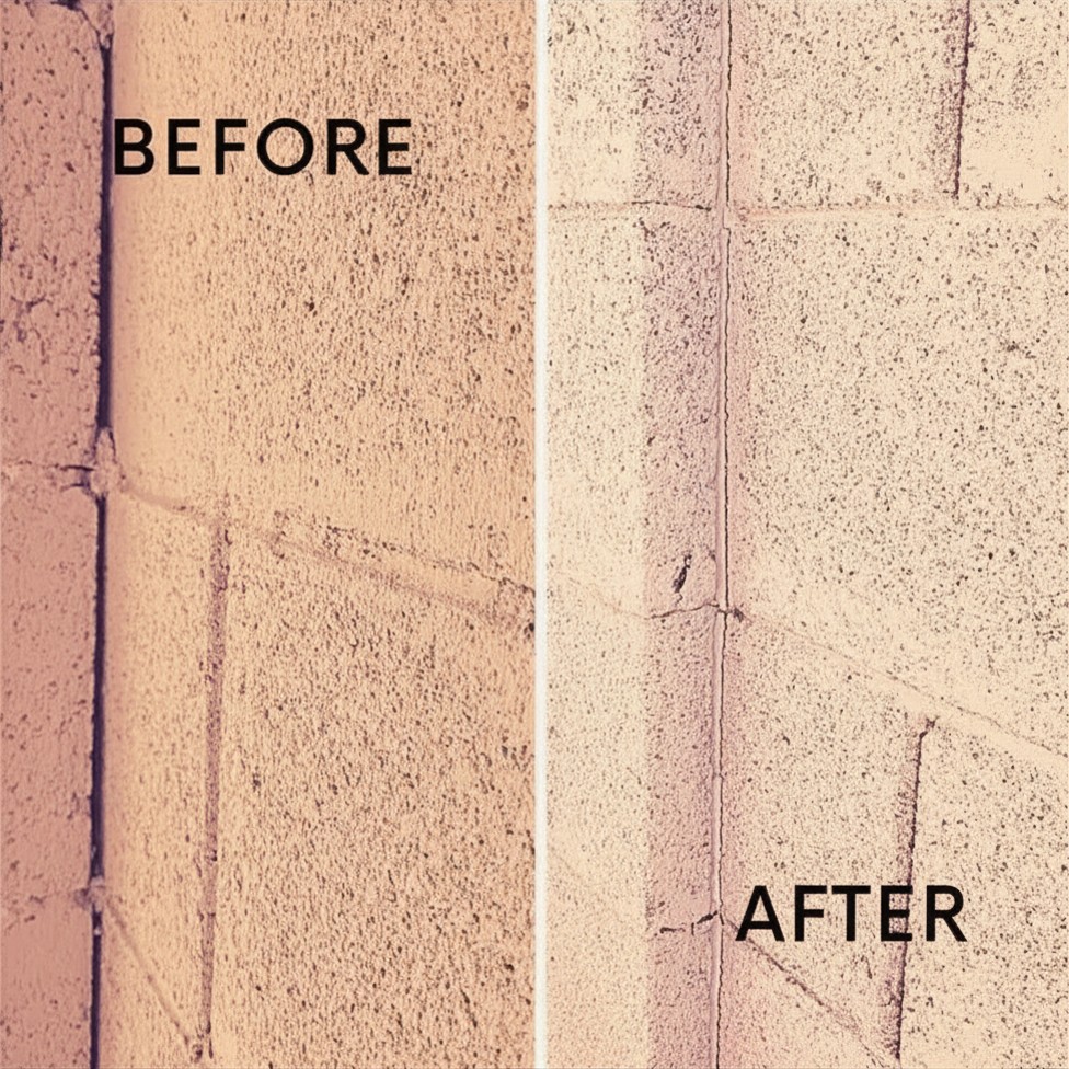 Block wall before and after sealing showing open gaps then sealed concrete caulk result in Arcadia Phoenix