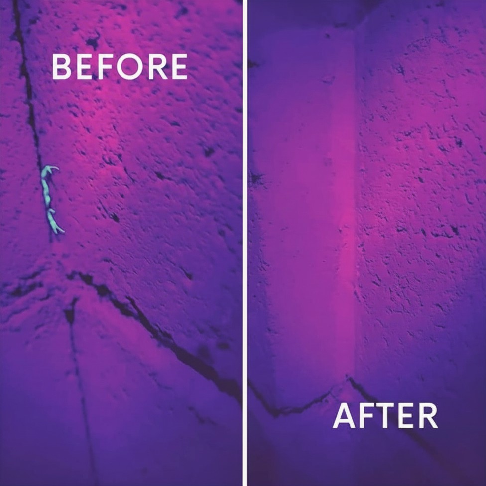 UV blacklight before and after showing scorpions inside block wall gap and sealed result, Arcadia Phoenix